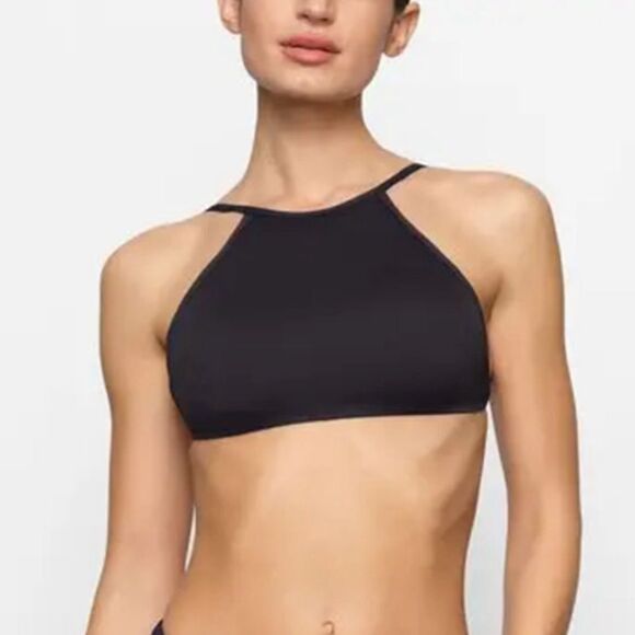 NWT SKIMS Recycled Swim High Neck Back Tie Onyx Black Top - Picture 1 of 7